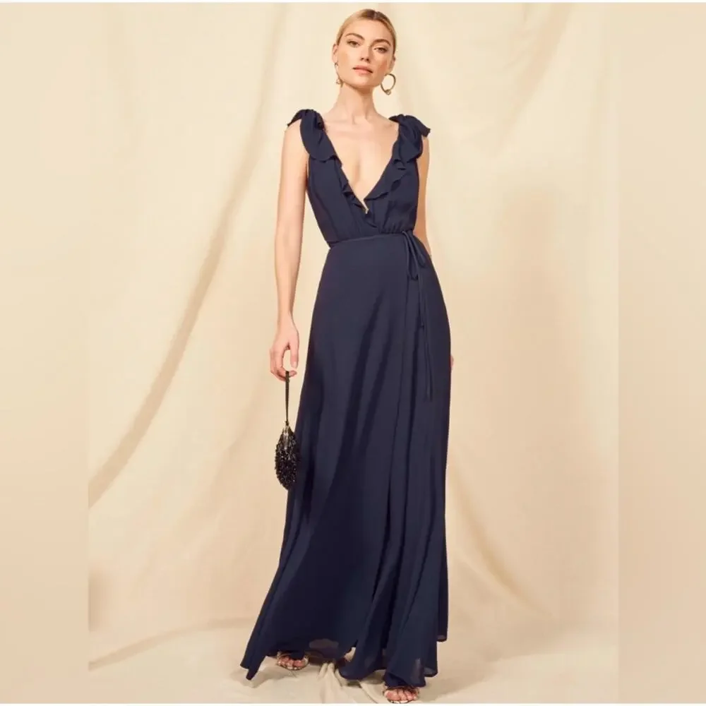 Reformation Peppermint Navy Blue Wrap Maxi Dress Medium - Picture 2 of 6